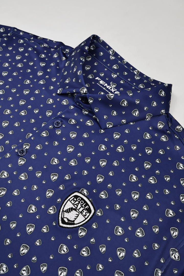 Up close product shot of the navy custom golfmates polo. Navy print with embroidered logo